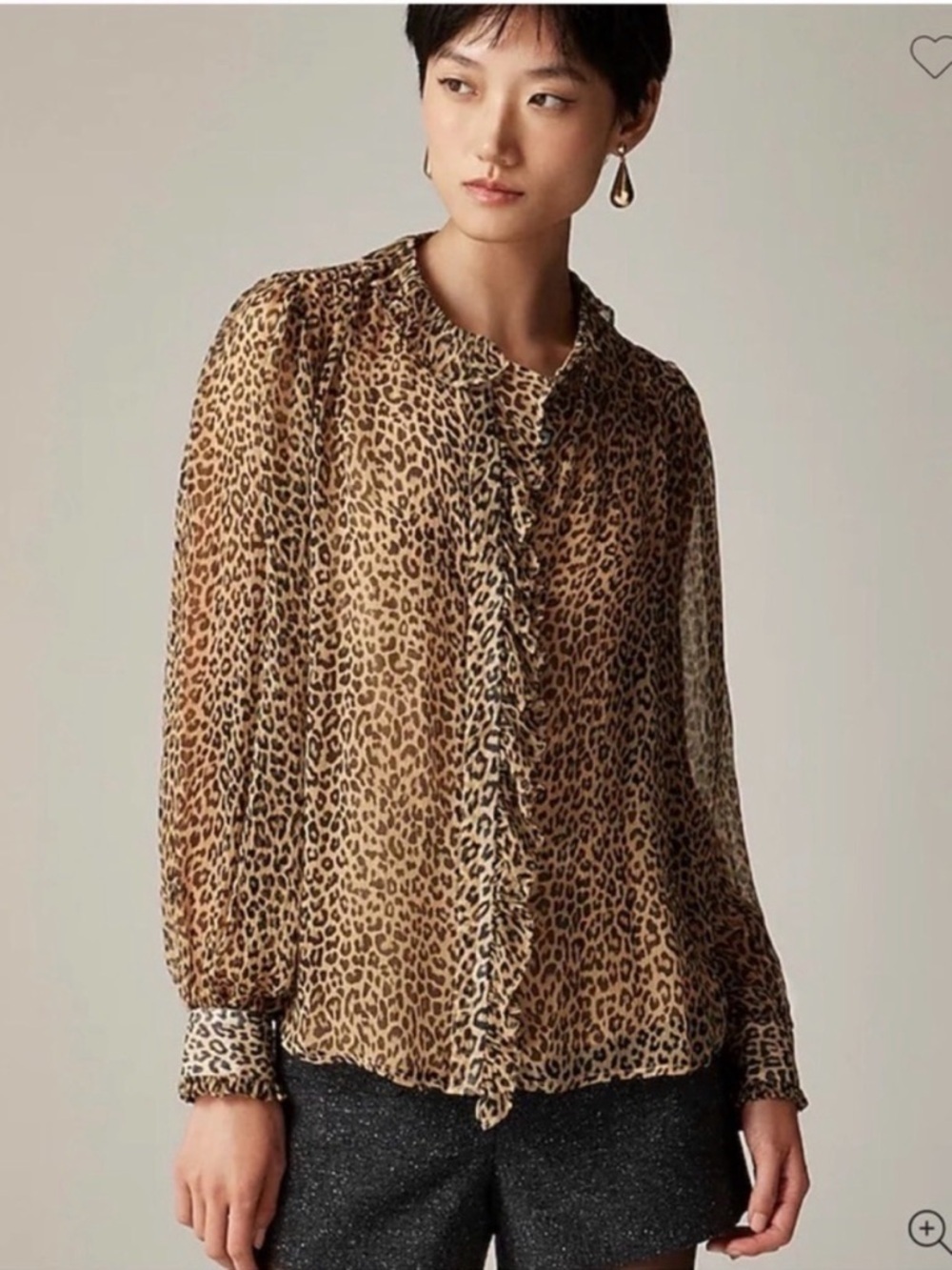 J. Crew Leopard Ruffle Button Up Crinkle Chiffon Long Sleeve Blouse Size 6